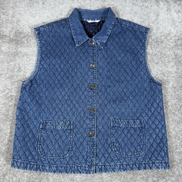 PTNY Jackets & Blazers - Vintage PTNY Vest Women's XL Blue Quilted Denim Button Boho Cottagecore Western